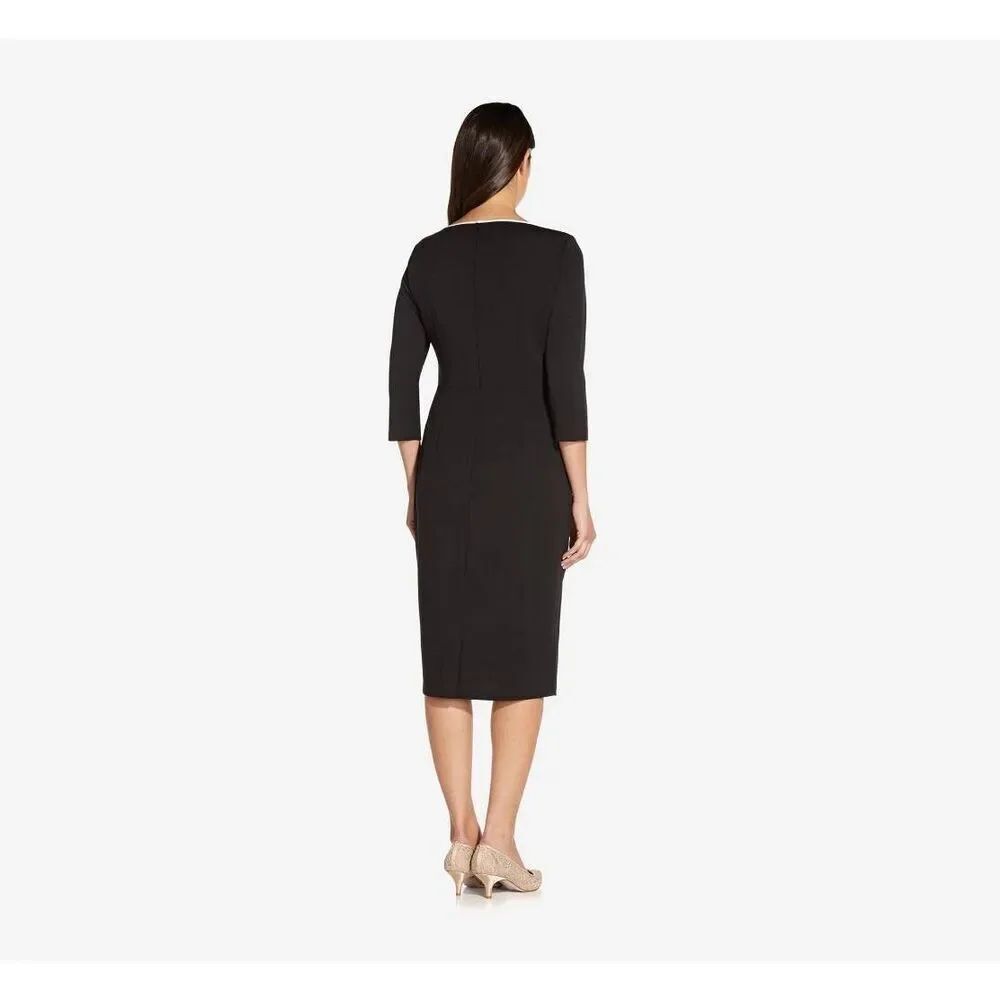 Adrianna Papell Tipped Crepe Tie Dress 16W Black Ivory Sheath Midi NWT - Picture 2 of 10